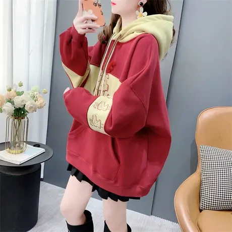 本命年红色加绒加厚连帽卫衣女2023新款秋冬爆款洋气减龄宽松外套图片