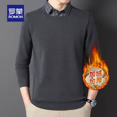 【直降】罗蒙男士加绒针织衫2023冬季新款休闲假两件保暖条纹毛衣商品大图