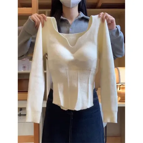 短款收腰长袖针织衫女秋冬韩版修身显瘦保暖外穿V领秋衣洋气减龄图片