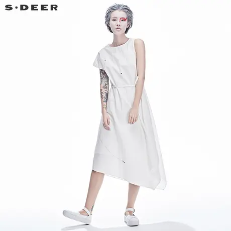 s.deer圣迪奥设计感不对称昆虫绣花系带连衣裙S17281206图片