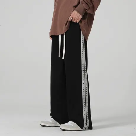 潮牌阔腿休闲裤子男秋冬款百搭宽松大码条纹直筒抽绳拖地长裤冬季图片