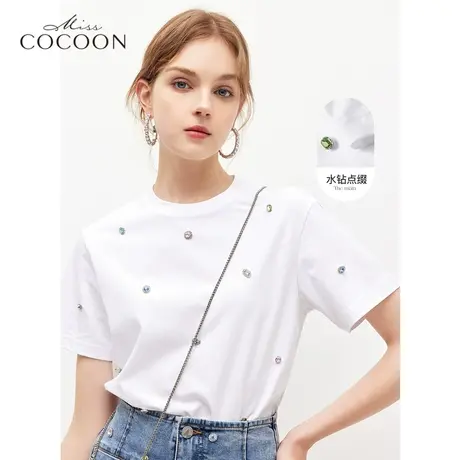 miss COCOON白色T恤女夏2023新款设计感小众镶钻圆领短袖全棉上衣商品大图