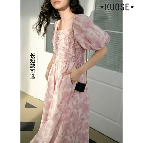 阔色法式粉色碎花连衣裙女2023夏季别致小众泡泡袖方领长裙子图片