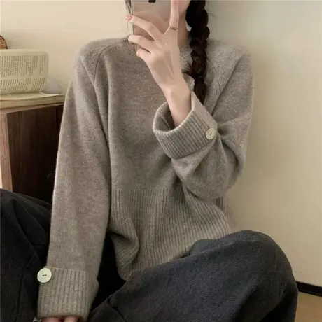 秋冬新款圆领套头慵懒风宽松显瘦毛衣女内搭针织衫设计感洋气上衣商品大图