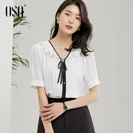 OSA欧莎白色短袖v领雪纺衫女夏季2022年新款减龄洋气小衫遮肚上衣商品大图