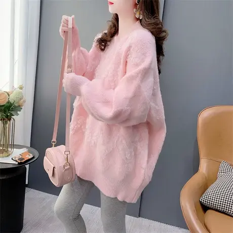 中长款蕾丝拼接圆领毛衣女秋冬2023年新款宽松慵懒风洋气减龄上衣图片