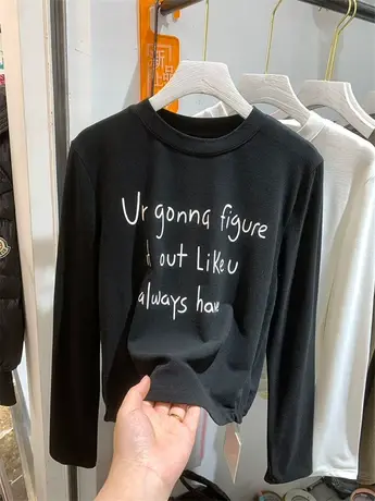 韩版圆领磨毛内搭长袖T恤女2023秋冬新款百搭显瘦短款打底衫上衣图片