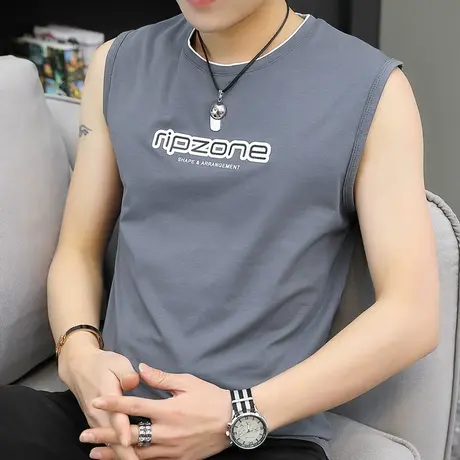 无袖T恤男纯棉夏季砍袖韩版运动背心男潮牌修身汗衫潮流坎肩衣服图片