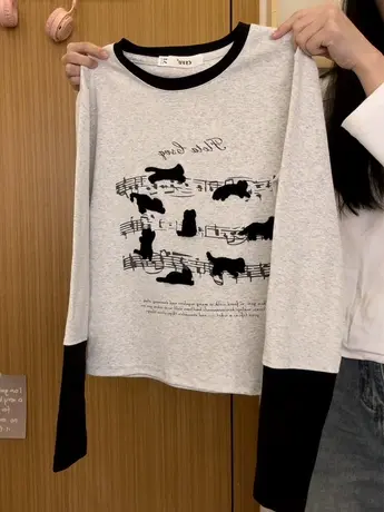 红续植绒猫咪乐谱拼色长袖T恤女日系学院风修身内搭上衣秋冬新款商品大图