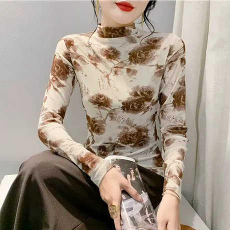 女装2024新款半高领打底衫内搭性感网纱气质T恤长袖复古印花上衣商品大图