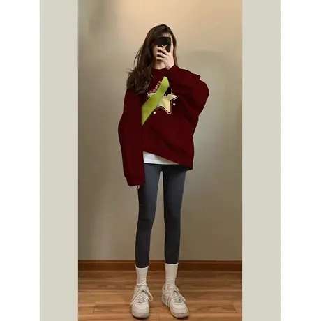 冬季圣诞节酒红色通勤卫衣女oversize慵懒风高端高级感加绒加厚款商品大图