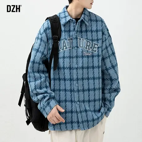 男士蓝色格子衬衫外套男春秋高级感痞帅2024新款上衣情侣衣服男款商品大图