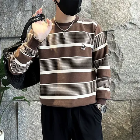 春秋季新款潮牌复古休闲卫衣男小众潮流宽松条纹拼色长袖T恤外套商品大图