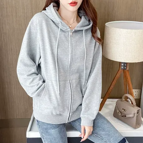 超火卫衣女2023秋冬新款韩版宽松连帽拉链开衫休闲外套薄灰色上衣图片