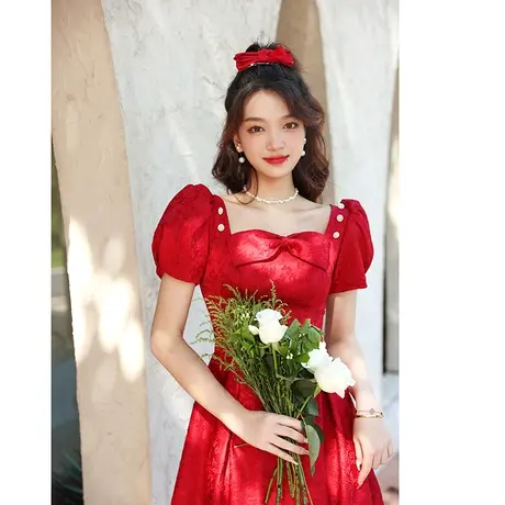 敬酒服新娘高级感酒红色订婚礼服法式蝴蝶结连衣裙小个子平时可穿商品大图