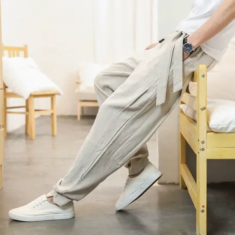 国潮古风休闲裤男宽松亚麻阔腿裤汉服锥形哈伦裤子中国风亚麻长裤图片