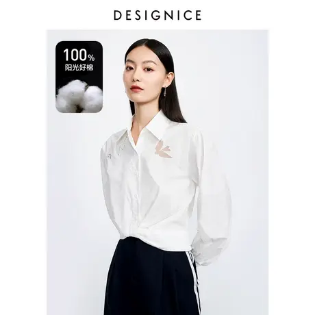 商场同款迪赛尼斯2023秋季新款百搭纯棉长袖上衣简约白色蕾丝衫女商品大图