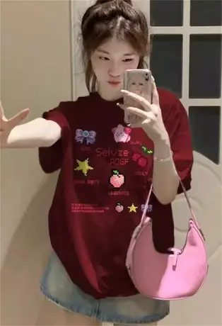 美式复古正肩纯棉短袖t恤女夏宽松韩版慵懒风半袖chic港味上衣服商品大图