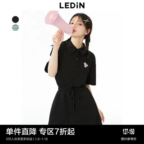 乐町休闲抽绳连衣裙夏休闲黑色条纹T恤裙休闲短袖连衣裙图片