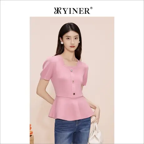 YINER音儿专选女装夏季复古法式方领气质桃粉色针织衫套头上衣商品大图