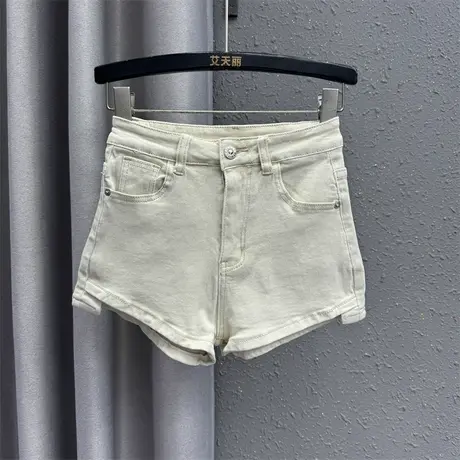 欧货韩版阔腿裤女2024春季新款米白色简约设计感时尚百搭牛仔短裤图片