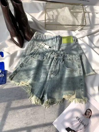 复古磨白磨破牛仔短款女2024春季新款显瘦高腰阔腿流苏毛边短裤潮商品大图