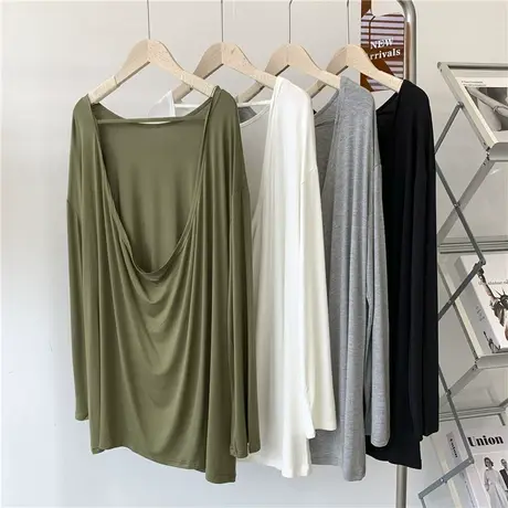 莫代尔前开叉露背长袖T恤女宽松大码纯色圆领舞蹈服现代舞上衣女图片