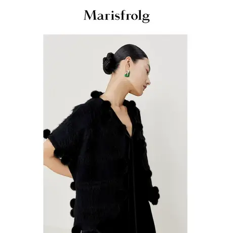 【水貂绒球礼服斗篷】玛丝菲尔春新款羊毛黑色斗篷式短外套商品大图
