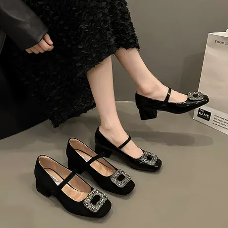 女鞋2024年春秋新款复古时尚水钻浅口单鞋法式方头通勤玛丽珍鞋潮商品大图