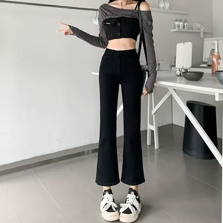 黑色微喇牛仔裤女2024早春新款九分裤子宽松显瘦小个子高腰喇叭裤商品大图