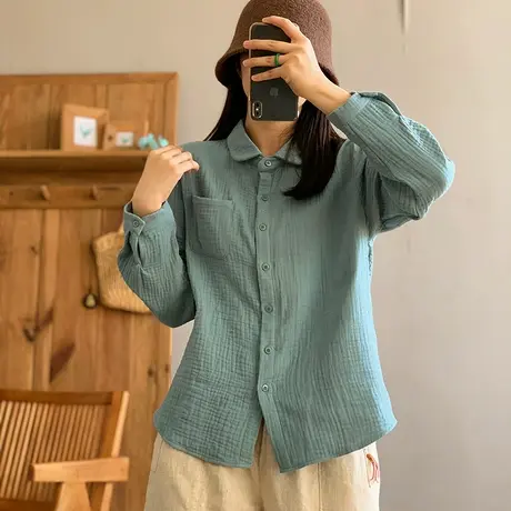 dza 复古纯色三层纱翻领长袖衬衫女2024春新款宽松衬衣休闲短上衣商品大图