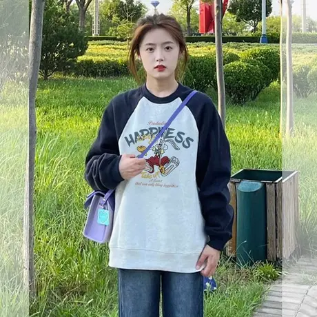 插肩袖圆领卫衣女春秋薄款小个子宽松慵懒风设计感小众套头上衣潮商品大图