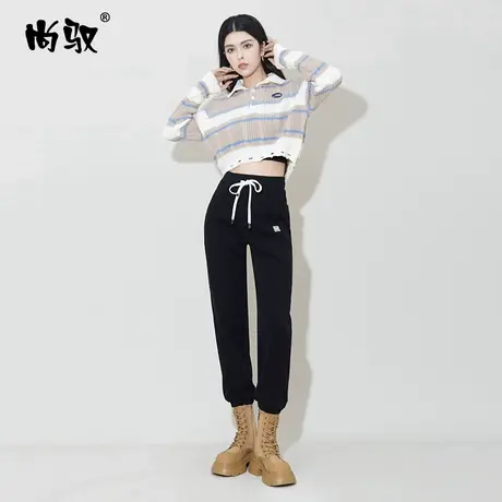 黑色弹力复合绒保暖卫裤加绒加厚九分裤松紧腰运动裤显瘦休闲裤女商品大图