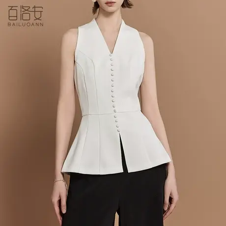 百洛安气质轻熟风V领无袖衬衫女2024夏装新款设计感收腰显瘦上衣商品大图