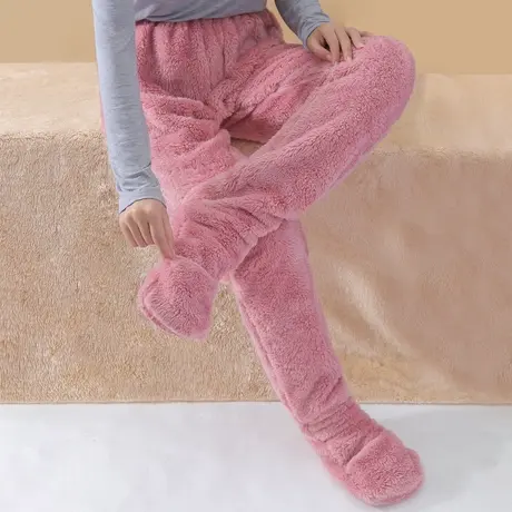 珊瑚绒防冻连脚睡裤产妇月子加厚开口保暖包脚裤冬商品大图