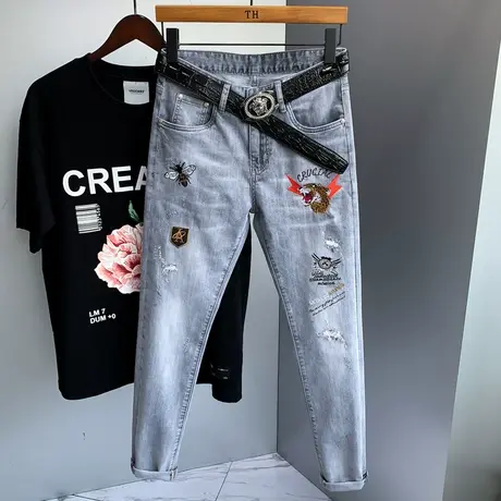 2022夏季牛仔裤男潮牌弹力修身韩版潮流长裤子破洞休闲浅色小脚裤商品大图