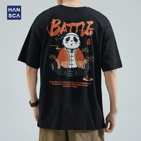 hansca 国潮熊猫印花纯棉重磅短袖T恤男夏季宽松大码休闲半袖上衣商品大图