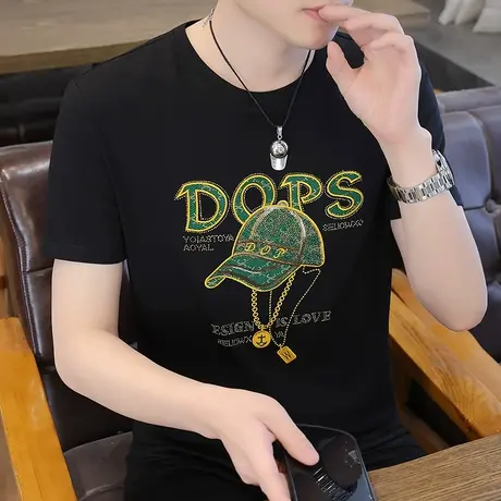 2023新款男士短袖T恤烫钻logo潮流设计师款男装上衣服半袖体恤衫图片