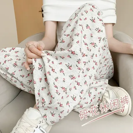 复古印花碎花休闲阔腿裤女2024春夏宽松显瘦慵懒高腰垂感运动卫裤商品大图