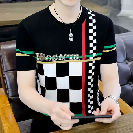 潮牌夏装新款格子t恤男士设计感个性烫钻弹力冰丝夏季痞帅气短袖商品大图