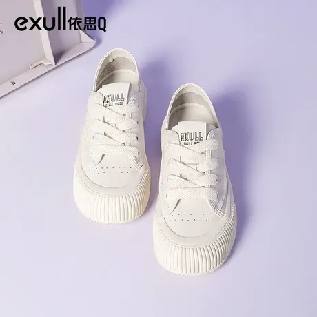 依思q休闲平底白色帆布鞋女2024春季新款两穿透气薄款厚底小白鞋图片