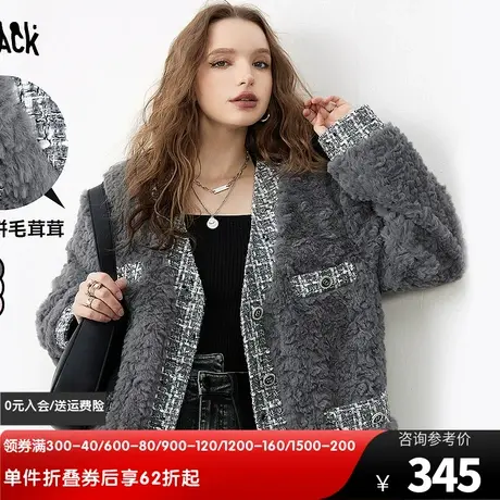妖精的口袋拼接粗花呢皮草外套女2023冬季新款小个子宽松气质上衣图片