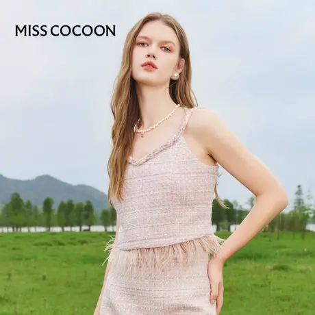 MISSCOCOON法式羽毛吊带上衣2023秋新款女流苏无袖背心商品大图