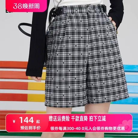 【商场同款】妖精的口袋高腰短裤女2023秋季新款宽松直筒格子裤子图片