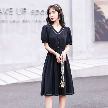 时尚气质甜美收腰连衣裙夏季新款淑女温柔V领显瘦中长款裙图片