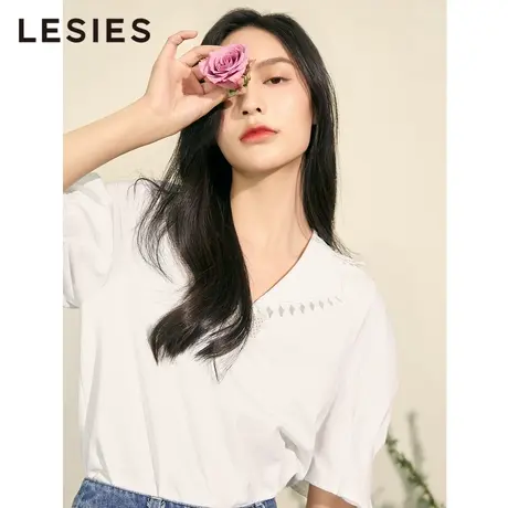 LESIES蓝色倾情 夏女装新款翻领花边装饰泡泡袖拼接短袖T恤商品大图