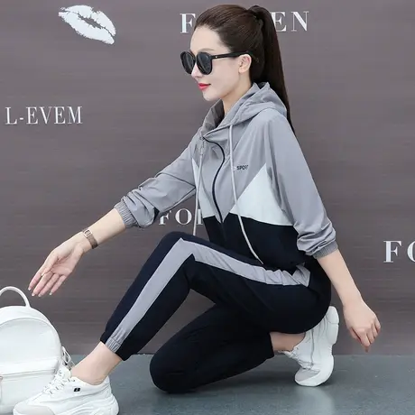连帽休闲运动服套装女春秋2023新款时尚梭织布宽松拉链卫衣两件套图片