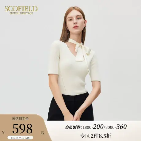 Scofield女装飘带领简约优雅通勤短袖针织衫T恤秋季新品上衣内搭图片