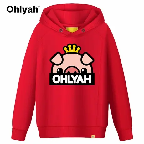 Ohlyah品牌韩版卡通小猪印花卫衣连帽衫情侣女红色新年装外套班服商品大图