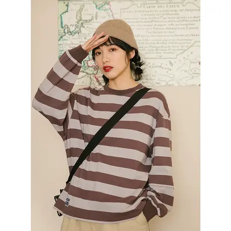 omont蛋挞家 复古宽松条纹针织长袖情侣卫衣女早秋薄款休闲新款图片